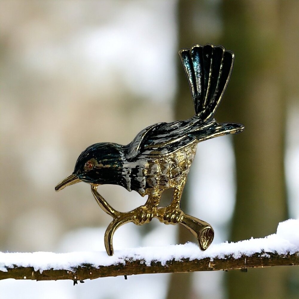 Gerry's Vintage Bird on Branch Brooch Pin Gold Tone Enameled Blue White Read
